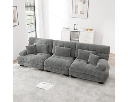 Extra breed 331 cm - 3-zits Rechte Bank - Modulair – Chenille – Hoge Kwaliteit Schuim - Zacht Gestoffeerde Armleuningen - Met 3 Lendenkussens & 3 Sierkussens - Voor Woonkamer, Appartement of Kantoo - Grijs