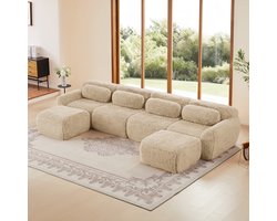 Extra breed 378 cm - 4-zits U-bank - Modulair – Pluche Stof – 32D HR-Schuim – Uitstekende Ondersteuning – Comfortabel en Duurzaam – Stabiel en Antislip - Inclusief 4 Rugkussens En 2 Verplaatsbare Poefs - Voor 4 Personen - Khaki