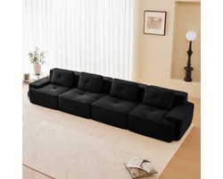 Extra breed 382 cm - 4-zits Rechte Bank - Modulair – Ribfluweel / Corduroy Stof – 32D HR-Schuim – Uitstekende Ondersteuning – Comfortabel en Duurzaam – Inclusief 3 Rugkussens - Voor 4 Personen - Geschikt Voor Diverse Woonruimtes - Zwart