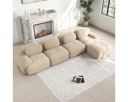 Extra breed 388 cm - 4-zits L-bank- Modulair Frame-Loos Ontwerp – Corduroy Stof – 32D HR-Schuim – Uitstekende Ondersteuning – Inclusief Kussens En 1 Verplaatsbare Hocker - Geschikt Voor Diverse Woonruimtes - Beige