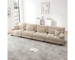 Extra breed 406 cm - 4-zits Rechte Bank - Modulair – Chenille – Hoge Kwaliteit Schuim - Zacht Gestoffeerde Armleuningen - Met 4 Lendenkussens & 4 Sierkussens - Voor Woonkamer, Appartement of Kantoo - Lichtbruin