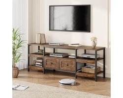 Extra Breed Industrieel TV-Meubel - 200 cm - Voor TV's tot 85 inch - TV-Kast met 2 Stoffen Lades en Open Planken - Rustiek Bruin / Zwart