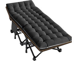 Extra Groot Opvouwbaar Campingbed met Mat – 198×81,5×46 cm, Zwart, Inclusief Draagtas