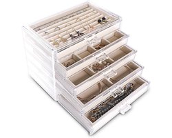 Extra Grote Acryl Sieraden Doos 5 Lagen Clear Fluwelen Oorbel Organizer met 5 Laden Ringen Display Case Kettingen Houder Lade (Beige)
