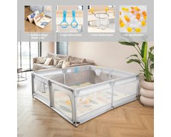 Extra Grote Baby Grondbox – Speelbox – Kinderbox – Playpen – Kruipbox – Babybox – Ballenbak – 180 x 200 cm – Met Foam Speelmat – Met Speelballen – Met Basket Net – Met 2 Optrekhandvatten – Met Rits Opening – Lichtgrijs