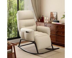 Extra grote crèmekleurige schommelstoel met verstelbare rugleuning en voetensteun geschikt als leesstoel voor buiten en als relaxstoel voor binnen comfortabele corduroy schommelstoel ideaal voor terrassen veranda's balkons en woonkamers