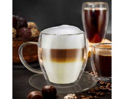 Extra grote dubbelwandige glazen thermokop - 400 ml - borosilicaatglas - met onderzetter