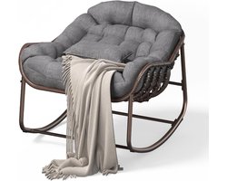 Extra grote grijze Papasan-schommelstoel van rotan, voorzien van kussen en metalen frame, geschikt voor terras, balkon, tuin, veranda en slaapkamer
