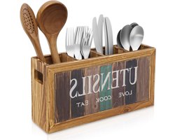 Extra grote keukengerei houder met 4 verstelbare compartimenten, houten organizer voor werkblad, landelijke keuken decoratie en rustieke kookaccessoires met 2 zijhandvatten
