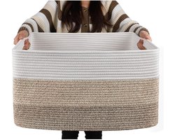 Extra grote mand van katoenen touw - Rechthoekige gevlochten manden - Opbergmand voor dekentjes in de kinderkamer of woonkamer - Speelgoedmand met handvat - 55 x 43 x 30 cm - Kaki