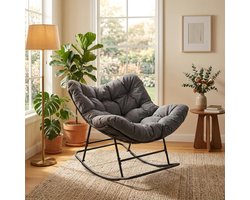 Extra grote Papasan-schommelstoel – Extra dik kussen – Draagvermogen 450 Lbs – Gezellige eivormige stoel – Stevig metalen frame – Grils