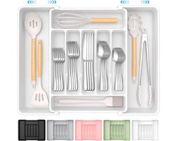 Extra grote uitbreidbare bestekhouder, bestekopbergdoos, keukenbesteklade-organizer, verstelbare bestekhouder, geschikt voor lepels, vorken en messen, wit