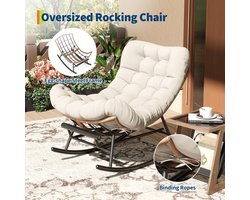 Extra grote verstelbare schommelstoel met voetsteun - Dik, afneembaar kussen en metalen frame - Stevige, ruime leesstoel met een draagvermogen van 120 kg - Beige