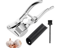 Extra Large 5-in-1 Knoflookpers met Aluminium Legering, Handmatige Pers en Hakker, Inclusief Rubber Knoflookschiller en Borstel, 16 x 5 cm, Multifunctioneel Keukengereedschap voor Koken en Bereiden