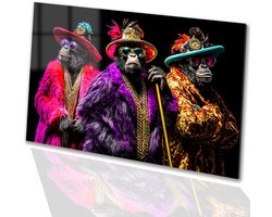 Extravagante apen in kleurrijke stijl - Apen schilderij op glas - Muurdecoratie dieren - Popart - Acrylglas - Wandkunst plexiglas - acrylglas 150x100 cm