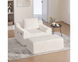 Extreem grote luie stoel met opstapjes, leunstoel van kordfluweel met zijzakken en kussen, diepe zitting, moderne gepolsterde fauteuil, zachte relaxstoel zonder harde randen, geen montage vereist- Wit