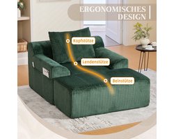Extreem grote luie stoel met opstapjes, leunstoel van kordfluweel met zijzakken en kussen, diepe zitting, moderne gepolsterde fauteuil, zachte relaxstoel zonder harde randen, geen montage vereist-Smaragdgroen