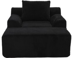 Extreem grote luie stoel met opstapjes, leunstoel van kordfluweel met zijzakken en kussen, diepe zitting, moderne gepolsterde fauteuil, zachte relaxstoel zonder harde randen, geen montage vereist- Zwart