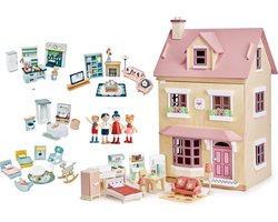 [F] Tender Leaf uniek houten poppenhuis Villa Foxtail XXL 3 verdiepingen inclusief houten poppen familie woonkamer en keuken/slaap/badkamer en kinderkamer meubels - 40 x 72 x 90 cm cm