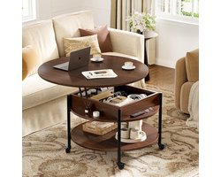 FABATO CT009-Ronde Salontafel-Espresso-In Hoogte Verstelbaar-Met Wielen-2 Etages-Espresso