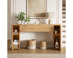 FABATO-Gegolfde console 155 cm-Met 2 verborgen opbergvakken-Smal sofatafel in houtlook voor de wand-Hal- en entreeftafel-Voor woonkamer, hal of foyer