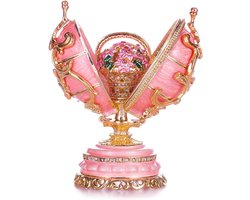 Faberge-stijl Lentebloemen Ei met Mandje - Roze - Metaal - 8,5 cm