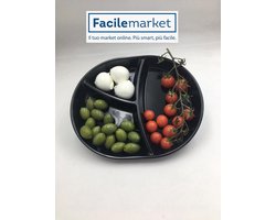 Facilemarket bord met 3 vakken, diameter 29,5 x 24 cm, gemaakt van zuiver melamine, zwart decor, gemaakt in Italië