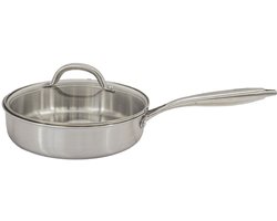 Fackelmann 66223 Sauteerpan 24 cm van Roestvrij Staal 18/10 Robuust, Drievoudige Structuur, Voor Alle Vuursoorten inclusief Inductie en Oven, Gezond Koken Zonder PFAS, Vaatwasmachinebestendig, Glazen Deksel, Geklonken Handvat