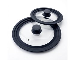 Fackelmann 688656 Universele deksel geschikt voor 24 cm, 26 cm en 28 cm, voor steelpan, koekenpannen, pannen, braadpannen, stoomventiel, gehard glas hoge bestendigheid, siliconen, transparant, zwart