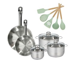 Fackelmann 9200550 Set van 3 roestvrijstalen kookpotten zonder PFAS 16/20/24cm en 2 pannen 24/28cm Fackelmann Etherna met 5 keukengerei