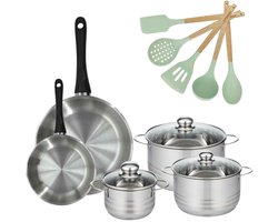Fackelmann 9201850 Set van 3 RVS Kookpotten 16/20/24 cm en 2 RVS Pannen 20/28 cm Collectie Genève Zonder PFAS met 5 Ocean Keukengerei