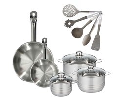 Fackelmann 9217850 Set van 2 RVS Pannen 20/28 cm Etherna & 3 RVS Kookpotten 16/20/24 cm Zonder PFAS met 5 Keukengerei Fackelmann