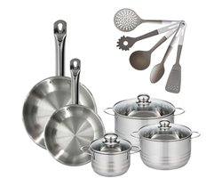 Fackelmann 9217950 Set van 2 RVS Pannen 24/28 cm Etherna & 3 RVS Kookpotten 16/20/24 cm PFAS-vrij met 5 Keukengerei