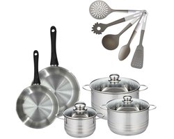 Fackelmann 9219150 Set RVS Pannen 20/24 cm Geneva & RVS Kookpotten 16/20/24 cm Zonder PFAS met 5 Keukengerei