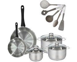 Fackelmann 9219250 Set van 2 RVS Pannen 20/28 cm Geneva & 3 RVS Kookpotten 16/20/24 cm Zonder PFAS met 5 Fackelmann Keukengerei