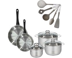 Fackelmann 9219350 Set RVS Pannen 24/28 cm Geneva & RVS Kookpotten 16/20/24 cm Zonder PFAS met 5 Keukengerei