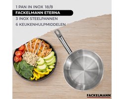 Fackelmann 9350750 Set 1 pan 24 cm van 18/8 roestvrij staal, 3 roestvrijstalen kookpannen 16, 20 en 24 cm en 6 RPET keukengerei, kookgerei voor alle warmtebronnen, inductiecompatibel, PFAS-vrij