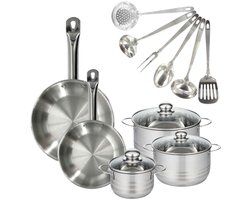 Fackelmann 9353350 Set 2 pannen 24 en 28 cm van roestvrij staal 18/8, 3 roestvrijstalen kookpotten 16, 20 en 24 cm en 6 metalen keukengerei, kookgerei geschikt voor alle warmtebronnen, inductie compatibel, koken zonder PFAS