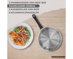 Fackelmann 9444550 Set 2 pannen 20 24 cm 3 steelpannen 12 16 20 cm van roestvrij staal 18/8 en 6 keukengerei, geschikt voor alle warmtebronnen, inductie, zonder PFAS, Roestvrij staal 18/8, 12 16 20 24 cm