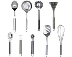 Fackelmann 9990450 Keukengereedschapset, 9-delig, zesteur, ijs- en meloenlepel, schuimspaan, soeplepel, aardappelstamper, garde, lepels, Roestvrij staal, Van 16 tot 33,5 cm