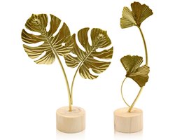 Fahibin 2 stuks Ginkgo-bladbeeld, metalen bladeren, gouden ornamenten, sculpturen, gouden Ginkgo-blad als bureaudecoratie voor kantoor, slaapkamer en boekenplank