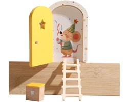 Fairy Tuindeur - Met Scharnieren - Miniatuur Houten feeëndeurtje - Kleine Feeëndeur - Woonornament - Handgemaakt Decoratief Accent - kabouterdeur set - Tuindecoratie - Sprookjesdecoratie voor Raam, Schoolkamer, Burea - Geel