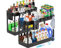 Famanu 2 stuks rek voor onder de wastafel, 2 etages, spoelkastorganizer, keukenorganizer met 8 haken, 4 hangbekers, keukenkast, organizer, onderkast, organizer voor badkamer, keuken, tafelblad