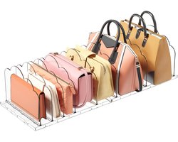 Famanu - 2 Stuks Verstelbare Doorzichtige Plankenverdelers, Plastic Tassen Organizer, Handtas Opberg Organizer, Uitschuifbaar Schap voor Kast, Garderobe, Slaapkamer, Doorzichtig