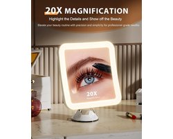 Famanu – 20X make-upspiegel met verlichting, 2000mAh oplaadbare cosmeticaspiegel met zuignap, 3 verlichtingskleuren dimbare helderheid, vergrotende spiegel 20x met licht, 360° draaibaar, draagbaar voor