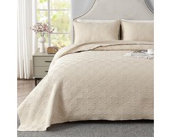 Famanu - 3-delige bedsprei set 240x260 cm beige, luchtig geometrisch patroon met kussenslopen