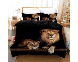 Famanu – 3D dekbedovertrekset leeuw 200 x 200 cm microvezel zwart