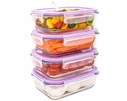 Famanu - 4-pak glazen voedselcontainer 600 ml, luchtdicht, afsluitbaar, geschikt voor magnetron, oven en vaatwasser