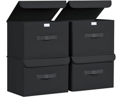 Famanu – 4 stuks opbergdozen met deksel - opvouwbare opbergkist met handvat - stoffen opbergdoos - kledingkast - organizer - opbergdoos kerstballen - zwart