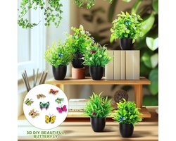 Famanu - 6 stuks kleine nepplanten in potten, kleine kunstplanten binnen en buiten, 6 verschillende gevormde plastic bloemenplanten, badkamerplanten voor thuis, tuin, kantoor, bureau, doucheruimte